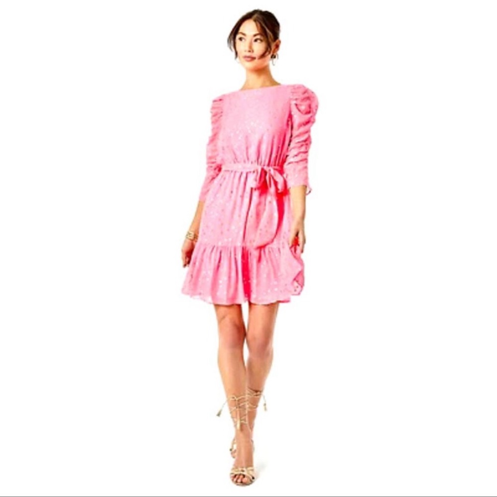 Lilly Pulitzer Chianna Silk Coral Sands Gold Metallic Clip Dress